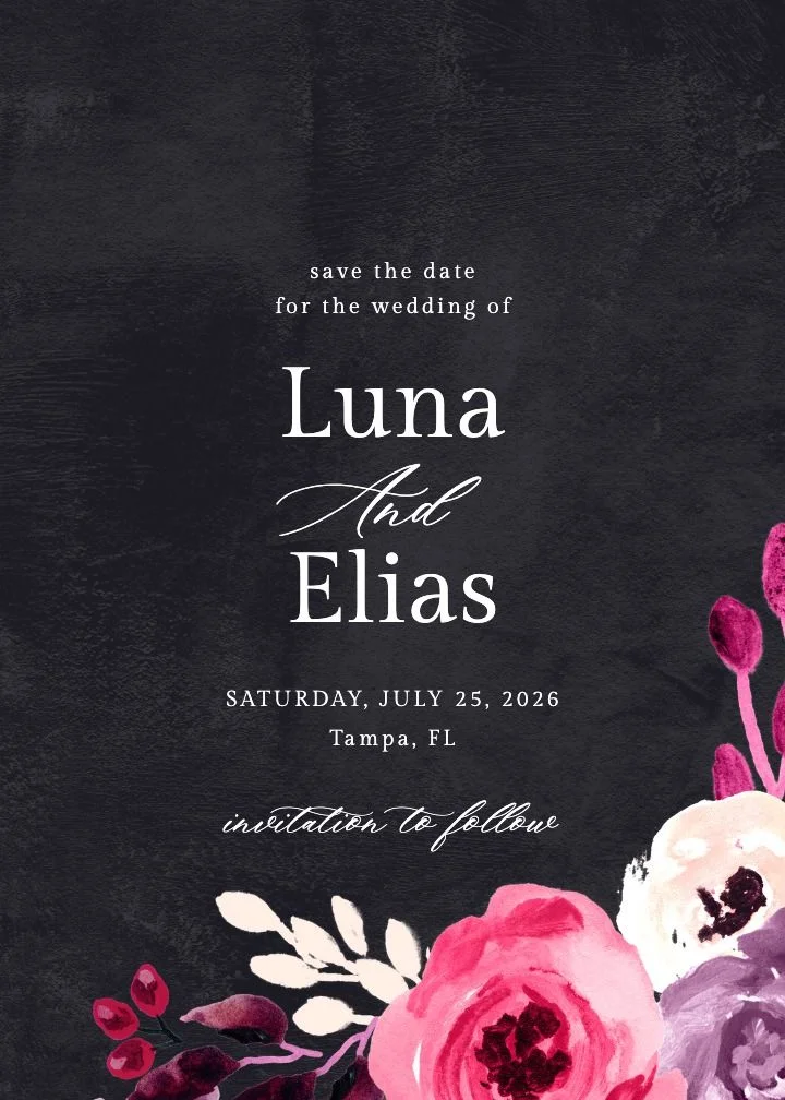 Lush Magenta save the date with dark watercolor florals in magenta, purple, and black