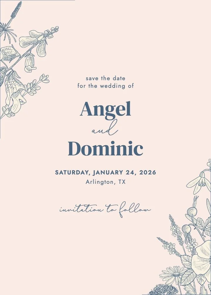 Storybook save the date with whimsical illustrated florals in pink and blue