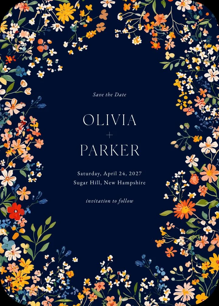Meadow save the date with a bright multicolor wildflower meadow border