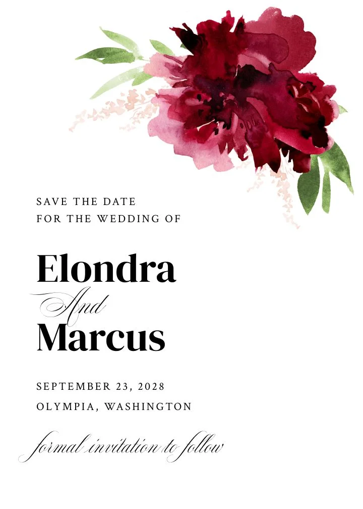 Elegant Flowers save the date with a watercolor garden bouquet in red, pink, and green on a white background