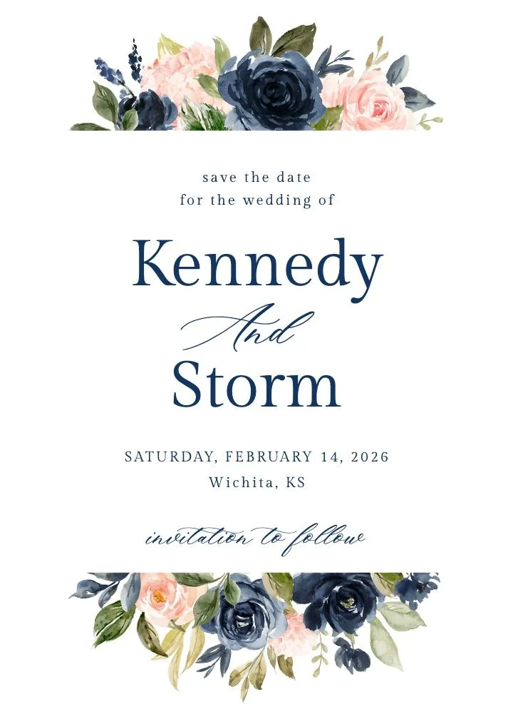 Navy and Blush save the date with watercolor blush blooms against a deep navy background