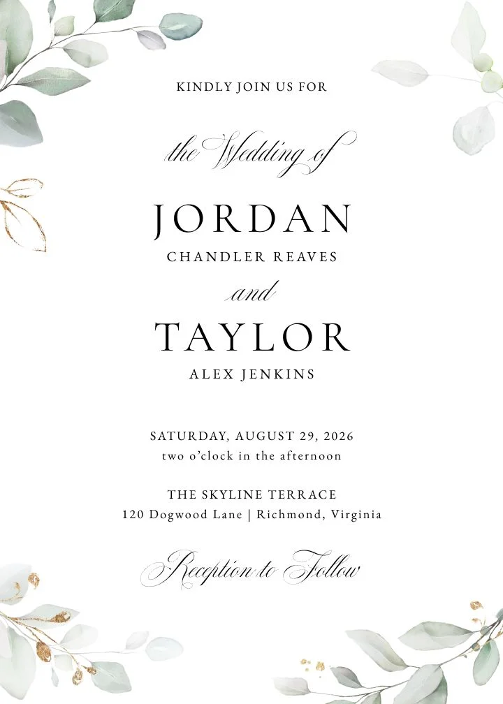 Bohemian Eucalyptus save the date card with eucalyptus sprigs and a gold accent