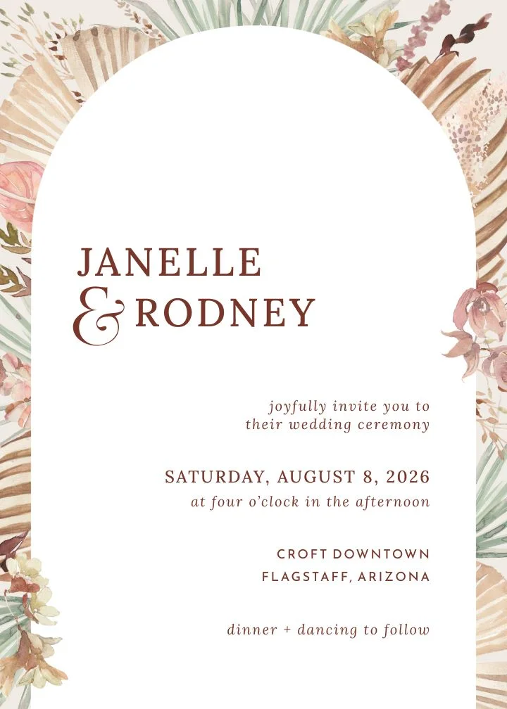 Boho Arch save the date card with botanicals arranged in a modern arch silhouette