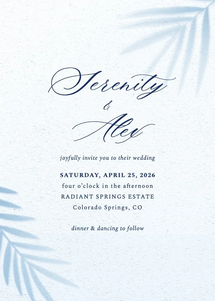 Tropical Shadows save the date card with watercolor tropical leaves in blue tones