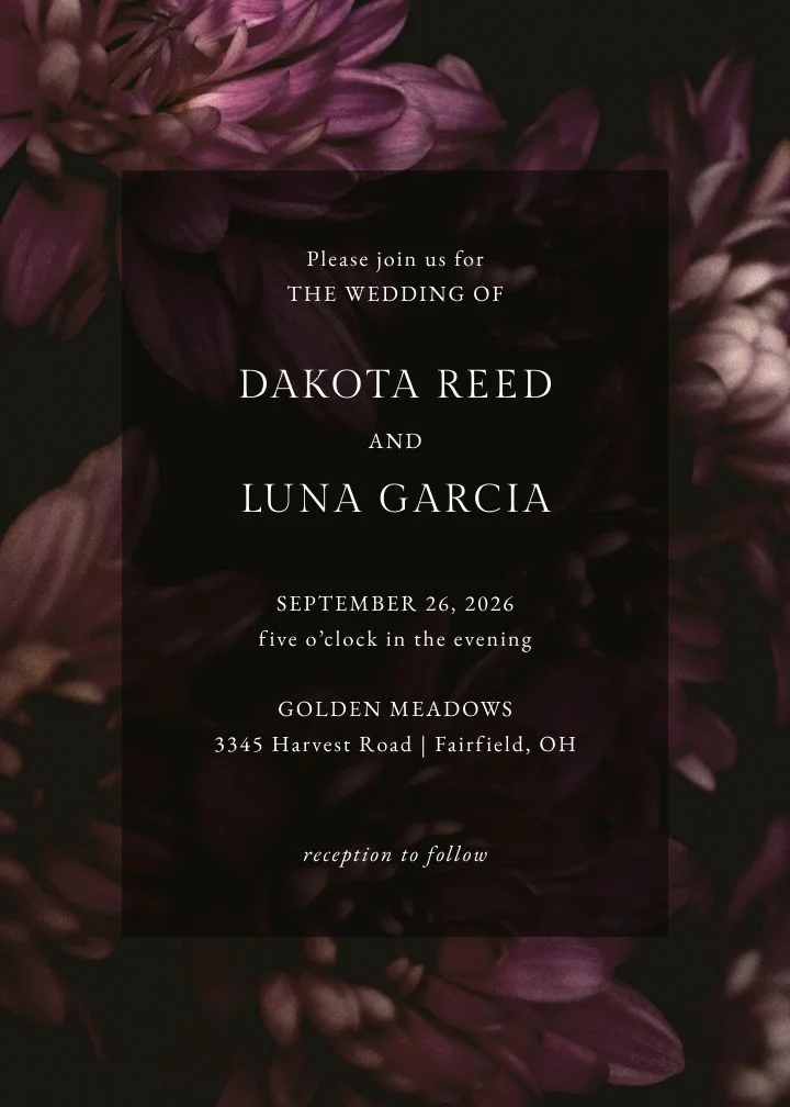 Chrysanthemum save the date card with dark botanical artwork in black and purple