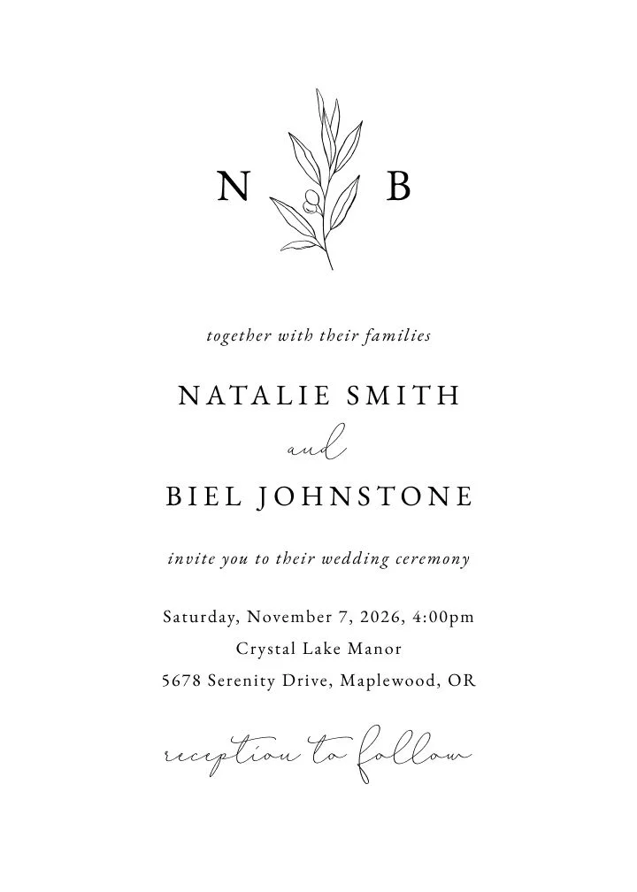 Love Branch save the date card with a black and white illustrated branch design