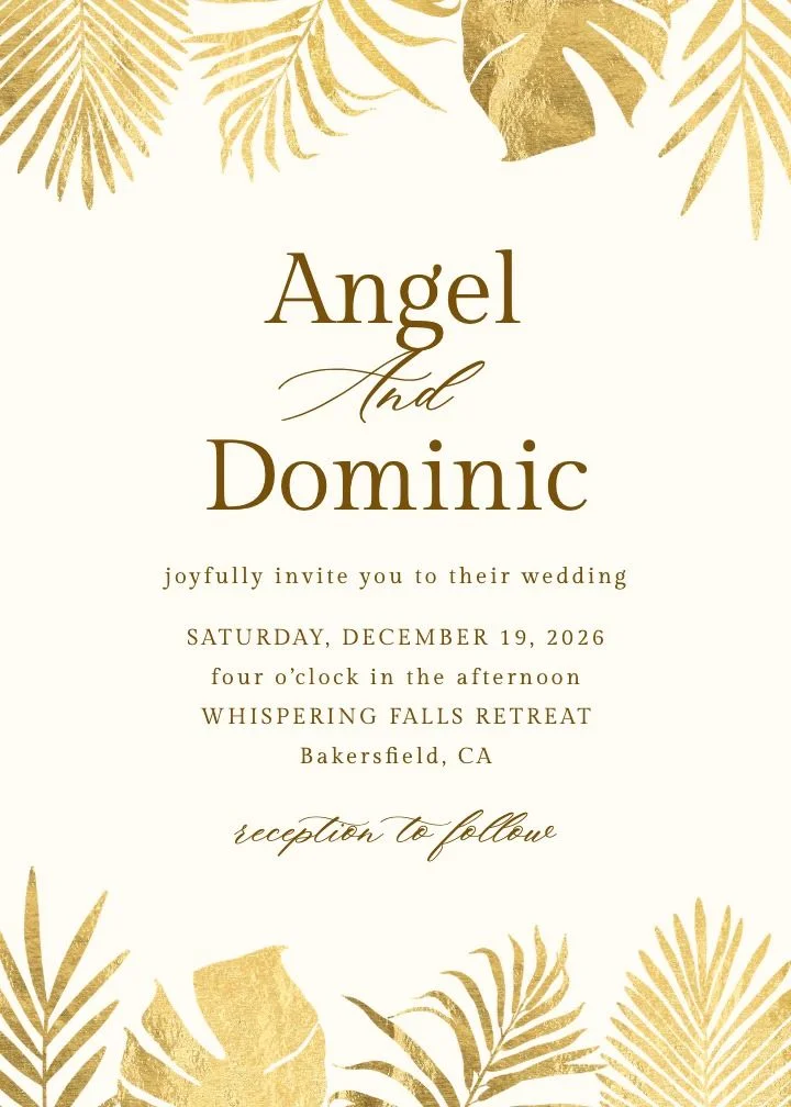 Golden Paradise save the date card with tropical botanicals and metallic gold detailing