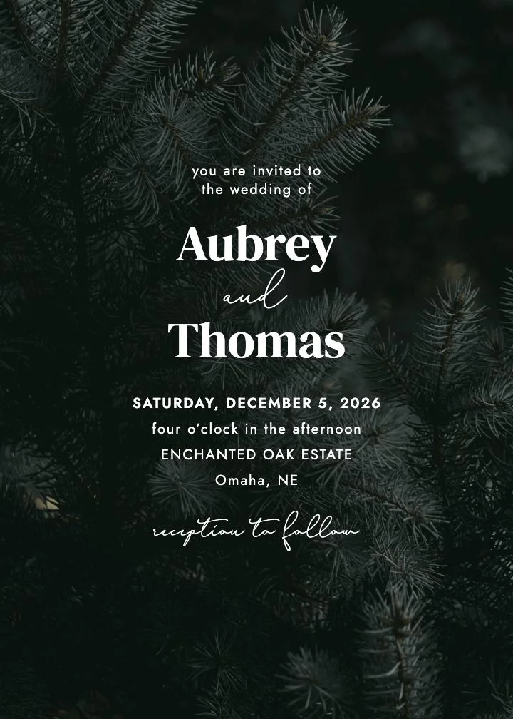 Douglas Fir save the date card with deep green evergreen boughs on a black background