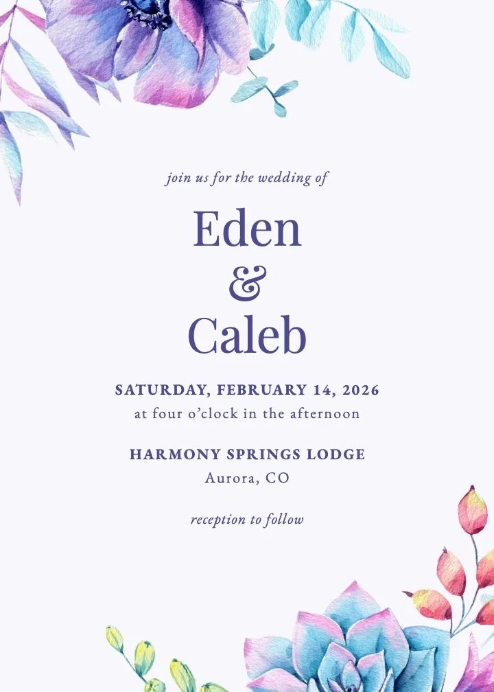 Succulent Sunset save the date card with watercolor succulents in blue, purple, and pink