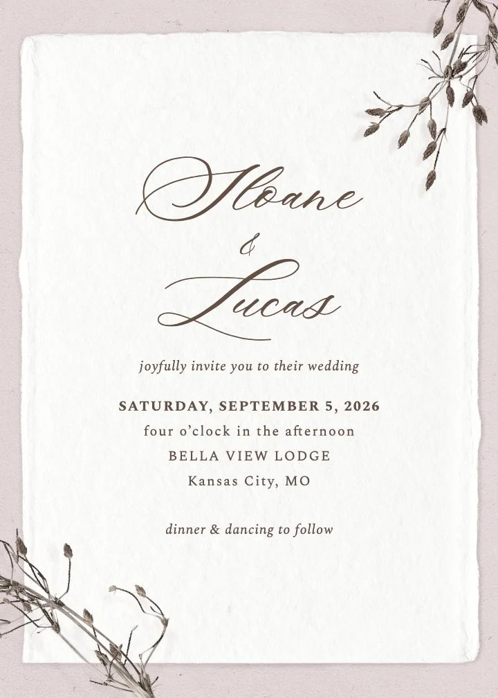 Memoir save the date card with textured pink and white botanicals on a vintage paper background