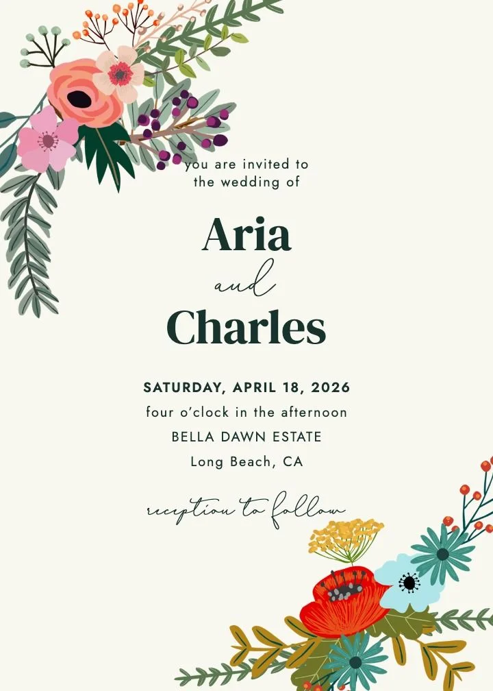 Fiona's Flowers save the date card with a bright mixed garden palette of botanicals and blooms
