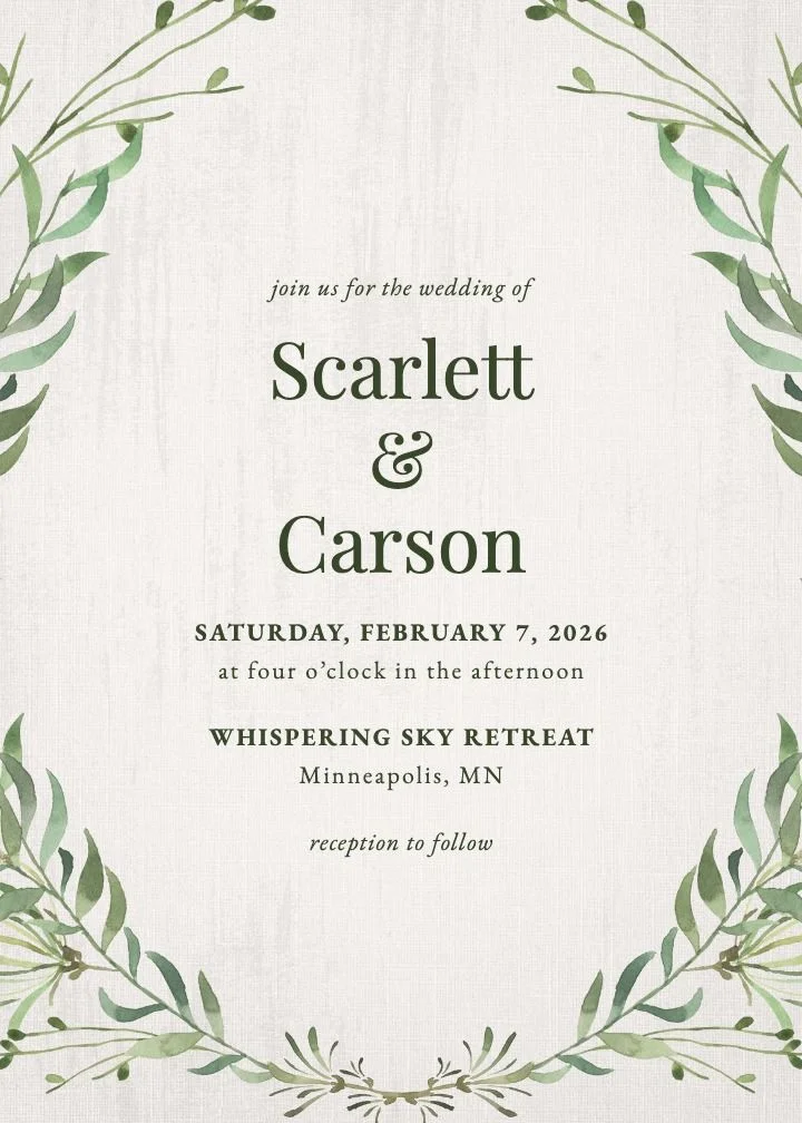 Natural Greenery save the date card with textured green foliage in cream and green tones