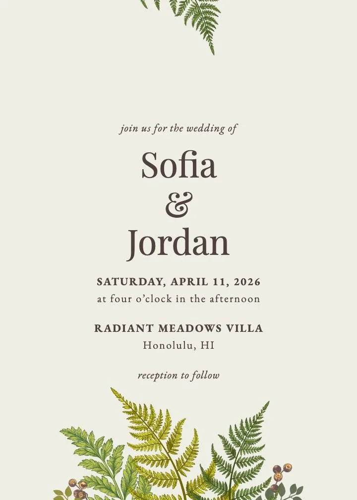 Fern Forest save the date card with layered green ferns