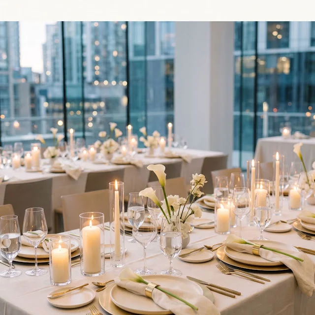 Long wedding reception tables with gold place settings, candlelight, white calla lilies, and city views at twilight.
