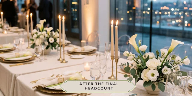 Wedding reception table set for dinner beside windows overlooking a city skyline.