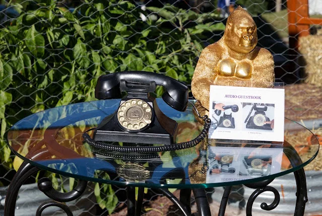 Wedding audio guestbook with rotary telephone. Black rotary telephone set up as a wedding audio guestbook beside a sign with instructions.