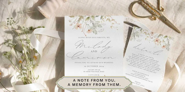 Wedding QR Code Ideas Beyond Photo Sharing Floral wedding invitation and details card arranged with white ribbon, flowers, and gold scissors, with the overlay “A Note From You. A Memory From Them.”