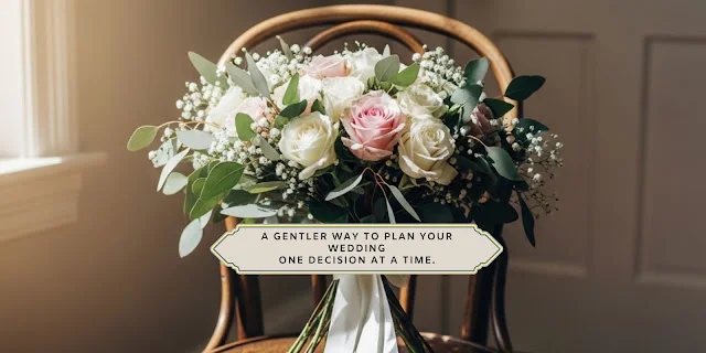 Wedding Planning With ADHD: Start With What Matters Blush and white wedding bouquet on a wood chair with the words, “A gentle guide for turning wedding overwhelm into a few clear, manageable next steps.”