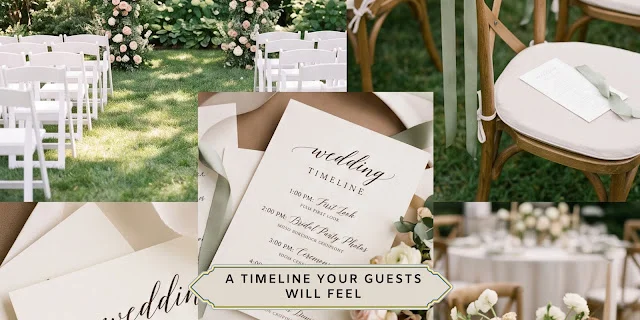 Elegant wedding-day timeline stationery featuring ceremony, portraits, cocktail hour, and reception details