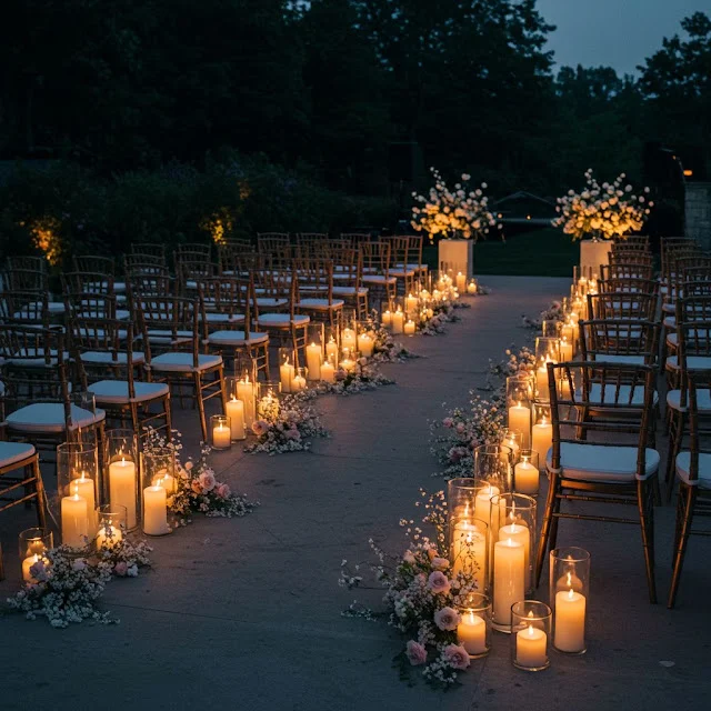 Candlelit outdoor wedding ceremony aisle with gold chairs, blush florals, and glowing evening lighting