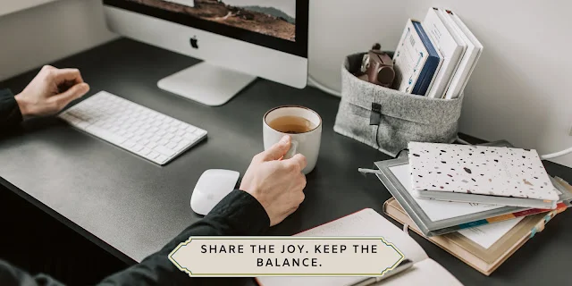 Wedding Planning at Work: Share the Joy, Keep the Balance Office desk with a computer, planner, coffee, and Share the Joy. Keep the Balance. overlay about wedding planning at work.