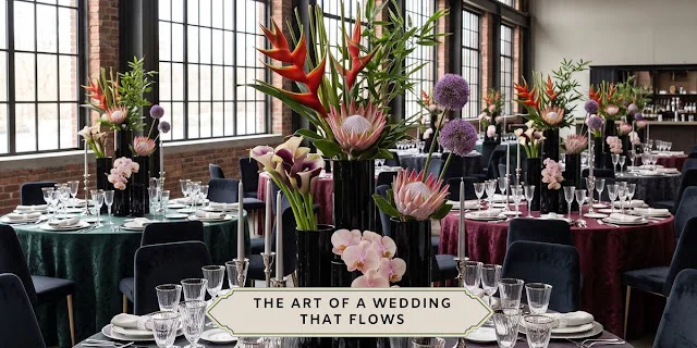 Wedding guest experience in an elegant reception space with tall floral arrangements Elegant wedding reception with tall black lacquer vases, colorful floral centerpieces, and place settings in a styled tablescape that reflects a smooth wedding guest experience