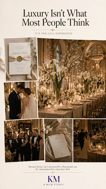 Luxury wedding collage showing significant moments from planning to the celebration.