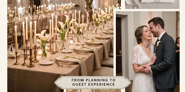 From Planning to Guest Experience Luxury wedding reception table and bride-and-groom portrait collage with the phrase “From Planning to Guest Experience” for a wedding blog post.