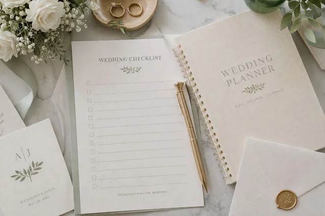 Wedding planning checklist flat lay Wedding checklist flat lay with planner, pen, rings, and wedding stationery on a soft neutral background.