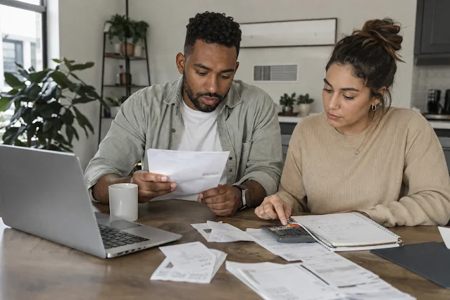 Diverse couple reviewing wedding expenses at a table with receipts, calculator, notebook, and laptop.