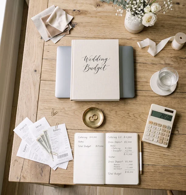 Wedding budget planning flat lay with notebook, calculator, and receipts on a wooden table.