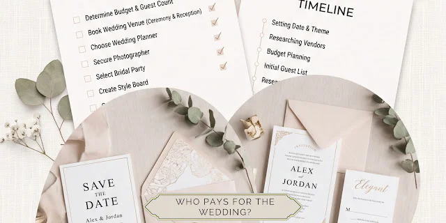 Wedding planning checklist and invitation suite with the text “Who Pays for the Wedding?”