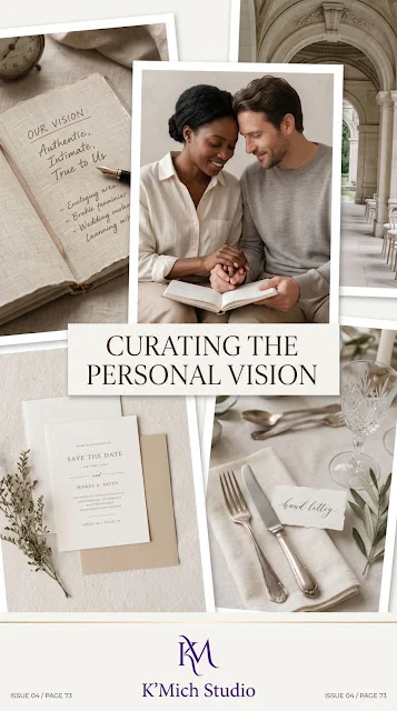 Curating the Personal Wedding Vision Elegant wedding planning collage showing a couple creating a personal wedding vision, with editorial stationery, venue details, and table styling, designed for a post about wedding planning social pressure.