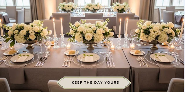 When wedding planning starts feeling social instead of personal Elegant wedding reception table with white floral centerpieces, candles, glassware, and place settings in a softly lit ballroom.