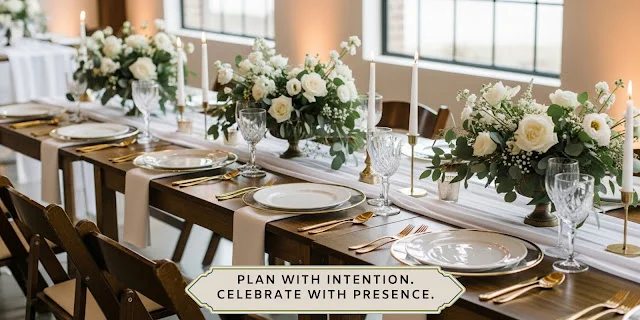 REFINED WEDDING PLANNING Long wooden wedding reception tables with white floral centerpieces, gold-rimmed plates, and taper candles.