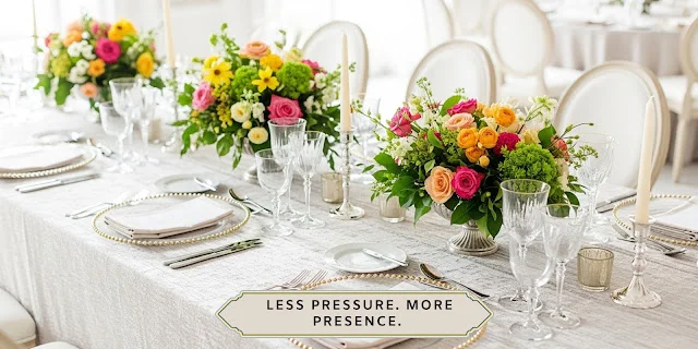 A CALMER WAY TO PLAN YOUR WEDDING Elegant wedding reception table with colorful floral centerpieces, white taper candles, crystal glassware, and formal place settings.